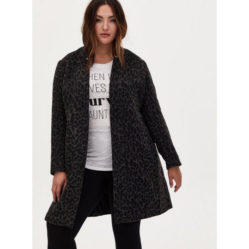 Torrid Leopard Print Coat 2X Gray Black Wool Blend Animal Print Longline